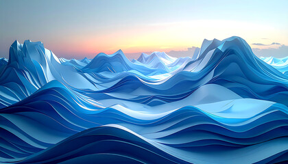Abstract landscape with elegant, fluid blue and white wave-like structures, resembling frozen peaks under a soft twilight sky, evoking serene nature and dynamic motion