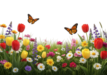 Beautiful colorful flowerbed with butterflies isolated on transparent background