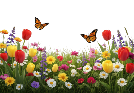 Beautiful colorful flowerbed with butterflies isolated on transparent background