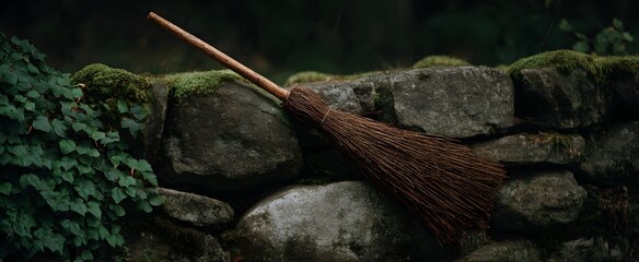 Obraz premium The witch broom leans silently evoking mystery and forgotten magic by the old stone wall