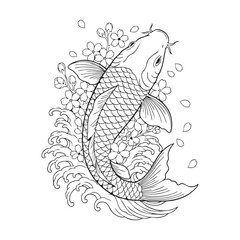 A monochrome, highly detailed line art illustration of a Japanese Koi fish.