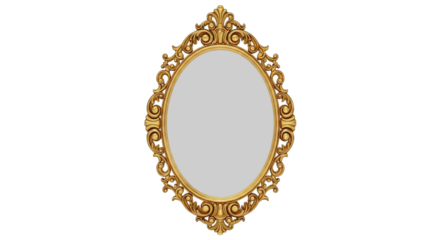 Antique gold mirror with ornate frame isolated on transparent background