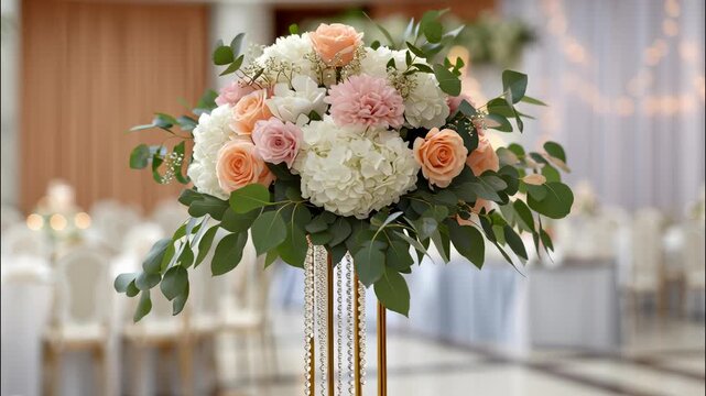Beautiful flower arrangement adorns wedding reception hall, creating celebratory ambiance a romantic video 4k