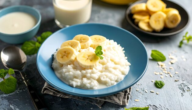 Creamy rice pudding topped with bananas and mint