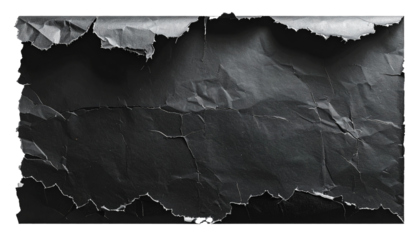 Black torn paper isolated on transparent PNG background, realistic ripped edges with rough texture, jagged outline, broken surface effect, useful for design, collage, scrapbooking, mockups, presentati