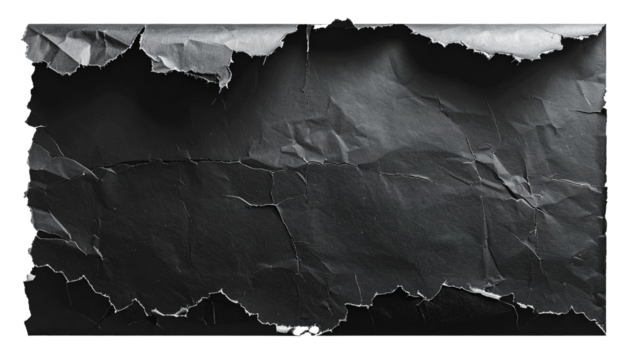 Black torn paper isolated on transparent PNG background, realistic ripped edges with rough texture, jagged outline, broken surface effect, useful for design, collage, scrapbooking, mockups, presentati