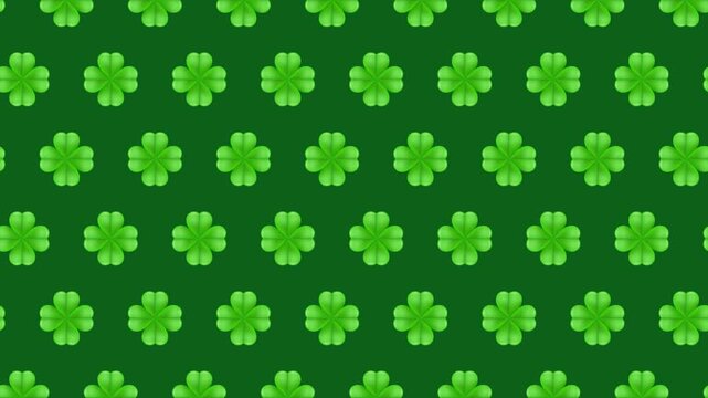 Animation of happy st patrick's day copy space with clover leaves pattern on green background 4k