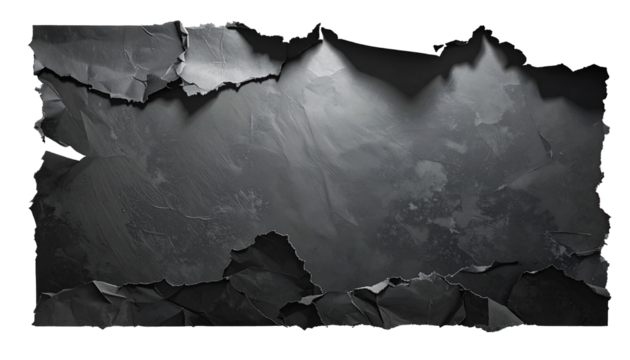 Black torn paper isolated on transparent PNG background, realistic ripped edges with rough texture, jagged outline, broken surface effect, useful for design, collage, scrapbooking, mockups, presentati