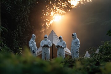 Team of scientists in protective gear conducting research in forest at sunrise