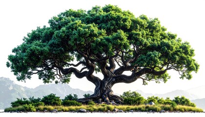 Lush, ancient tree against misty mountains