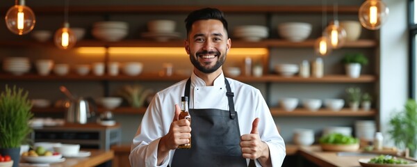 Cheerful chef in apron holds secret ingredient bottle, beaming smile. Restaurant setting with shelves of dishes. Pro expertise in culinary arts, hospitality, tasty food presentation for satisfied