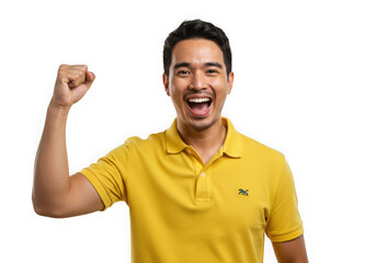 Excited man in yellow polo shirt isolated on transparent background is celebrating goal