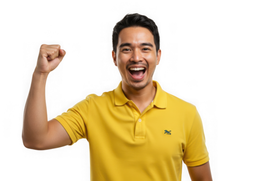 Excited man in yellow polo shirt isolated on transparent background is celebrating goal