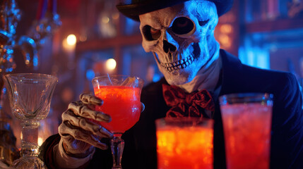 Skeleton bartender in spooky bar holding glowing cocktail