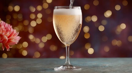 Sparkling beverage in elegant glass with bubbles rising, surrounded by soft bokeh lights and a delicate flower, creating a festive atmosphere perfect for celebrations and special occasions