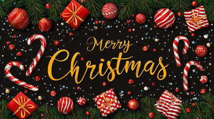 Merry christmas festive greeting with gifts candy canes and ornaments on dark background