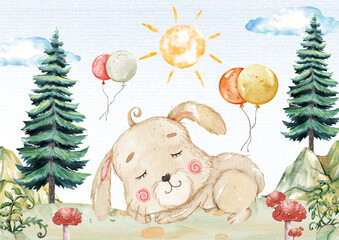 Cute Rabbit Watercolor, Woodland Forest Nursery Decor, Animal Illustration for Kids, Clipart for Children’s Books and Cards