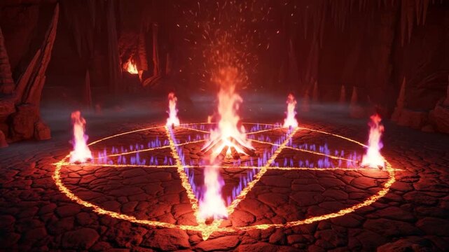 Flaming Pentagram Ritual Circle in Dark Cave, Mystical Fire, Occult Symbolism, Spooky Fantasy Setting, Dramatic Digital Illustration for Horror and Esoteric Projects