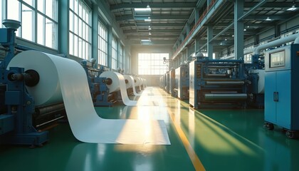 Sunlight streams through factory windows, illuminating large rolls of polyethylene film. High-tech machinery produces plastic material on assembly line, signifying modern manufacturing, efficiency.