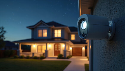State-of-the-art home security camera vigilantly monitors surroundings at night. Advanced technology, vigilance ensure property protection, safety. Wireless unit mounts on wall, offering digital