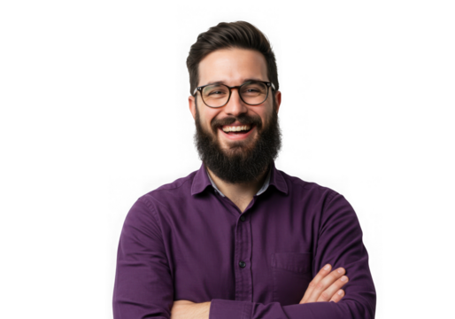 Happy bearded man with glasses isolated on transparent background is smiling