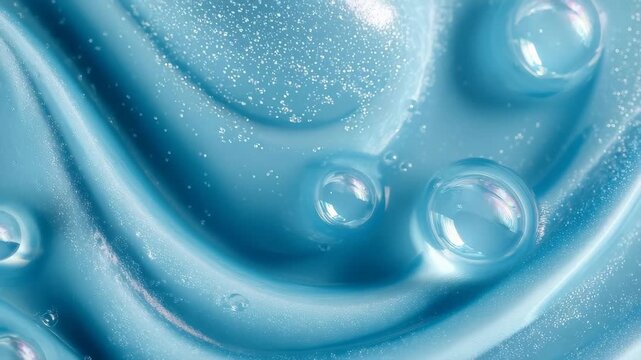 Close up view of blue gel texture revealing bubbles and fluid movement, highlighting the unique features of the gel's surface and its intriguing properties