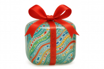 Colorful square gift box with red ribbon and bow, celebrating present, offering surprise, transparent background