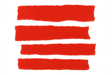 Torn red paper strips with rough edges as abstract design elements on transparent background