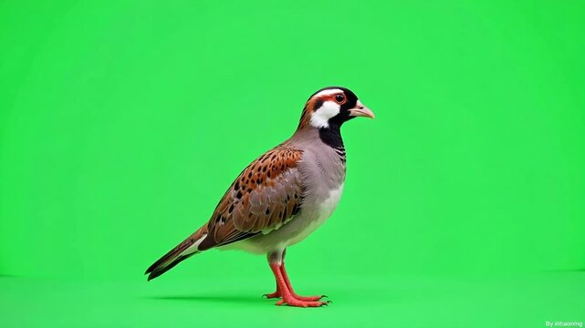 Majestic chukar partridge struts confidently across a vibrant green screen, ready for compositing, ideal for wildlife documentaries and educational content