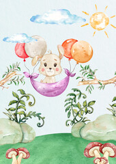 Cute Rabbit Watercolor, Woodland Forest Nursery Decor, Animal Illustration for Kids, Clipart for Children’s Books and Cards