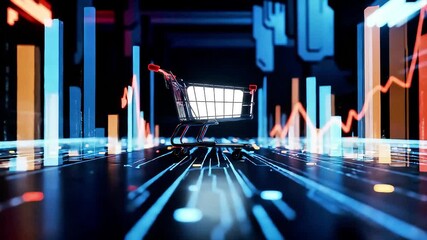 Shopping cart amidst digital financial graphs and data streams.