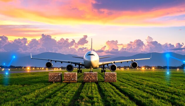 Airplane on a runway at sunset