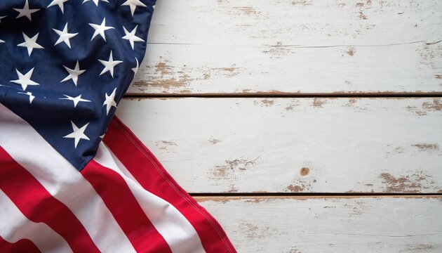 American flag rests on white distressed wooden plank surface. Red white stripes and blue field with stars create patriotic backdrop. Ample copy space for design elements, marketing, or greeting cards.