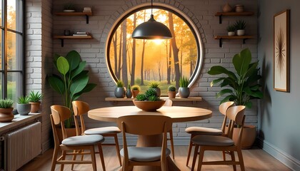 Fototapeta premium Interior of a modern dining room with a polished round wooden table, contemporary wooden chairs with upholstered seats, a painted brick wall in soft gray, a variety of succulents and cacti on shelves,