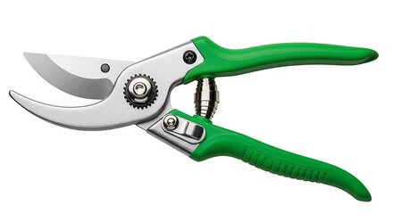 High-angle, full shot of a pair of gardening shears with bright green handles and a polished metal blade.