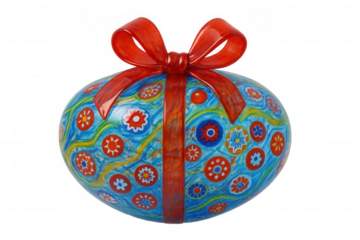 Millefiori murano glass easter egg gift with red ribbon, festive decoration for holidays and celebrations