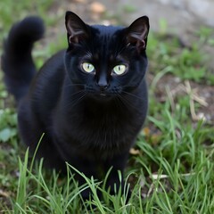 Black cat in grass: A sleek, black cat with piercing green eyes is gazing intently, standing amidst vibrant green grass. This captivating scene exudes a sense of mystery and elegance.