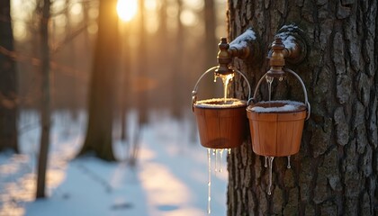 Maple syrup taps inserted into trees collect in wooden buckets. Icicles drip from taps, buckets. Winter forest setting with golden sunlight filtering through trees suggests traditional, early spring