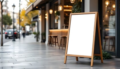 Blank vertical street billboard standing outside a cafe ready for advertising, branding, or promotional marketing content.