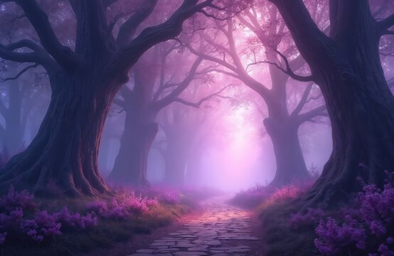 Stone path leads through misty purple forest. Giant trees with gnarled roots flank the walkway. Ethereal pink light glows through fog. Enchanted woodland scene, dreamlike atmosphere, fantasy art.