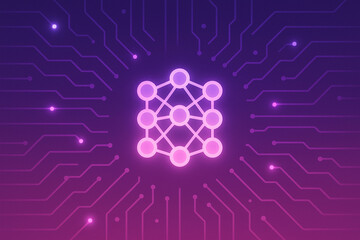 A glowing network of interconnected nodes forms the core of a futuristic digital design, surrounded by an intricate web of circuit board patterns. A visual embodiment of technology and innovation.