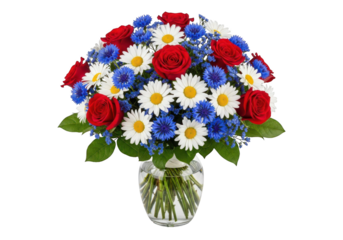 Beautiful bouquet of red, white and blue flowers isolated on transparent background