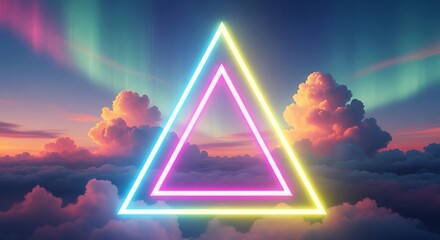 A vibrant, colorful, neon triangle frame hovers over a sky filled with fluffy clouds and a stunning aurora borealis.
