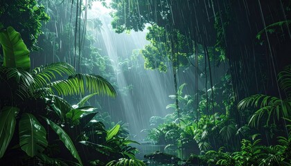Lush Green Rainforest in the Rain with Sunbeams