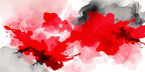 Abstract red watercolor paint splashes and ink stains create a vibrant and artistic grunge texture background