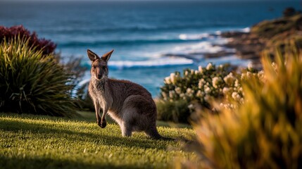Kangaroo on green grass with ocean backdrop