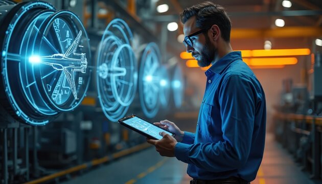 Engineer uses tablet with augmented reality visualization of aircraft engine in futuristic production facility. Man in blue shirt, glasses, interacts with holographic blueprint, smart technology, AI,