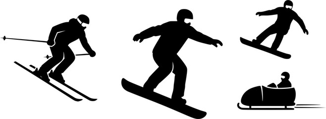 Fototapeta premium Skiing silhouette, Skier silhouette, Ski silhouette, Skier vector set, Snowboarding silhouette, Winter sport silhouette