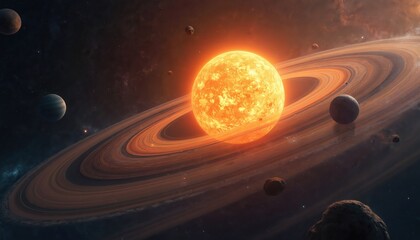 Sun radiates intense light, illuminating orbiting planets, Saturn-like ring system. Celestial bodies traverse elliptical paths in vast, dark space. Cosmic scene evokes wonder about solar system
