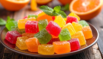 Colorful fruit-flavored jelly cubes on a plate